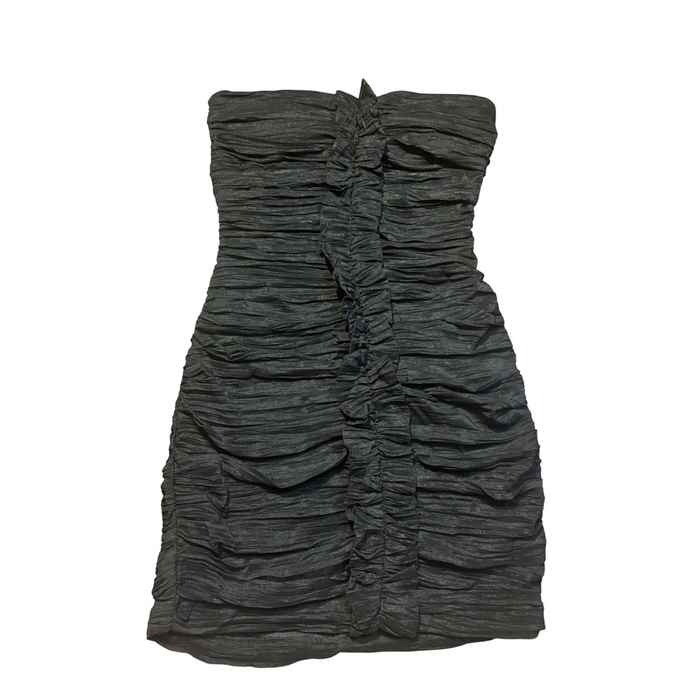 y2k Black Strapless Ruched Ruffle Bodycon Mini Dress Size 3 small bodycon party
